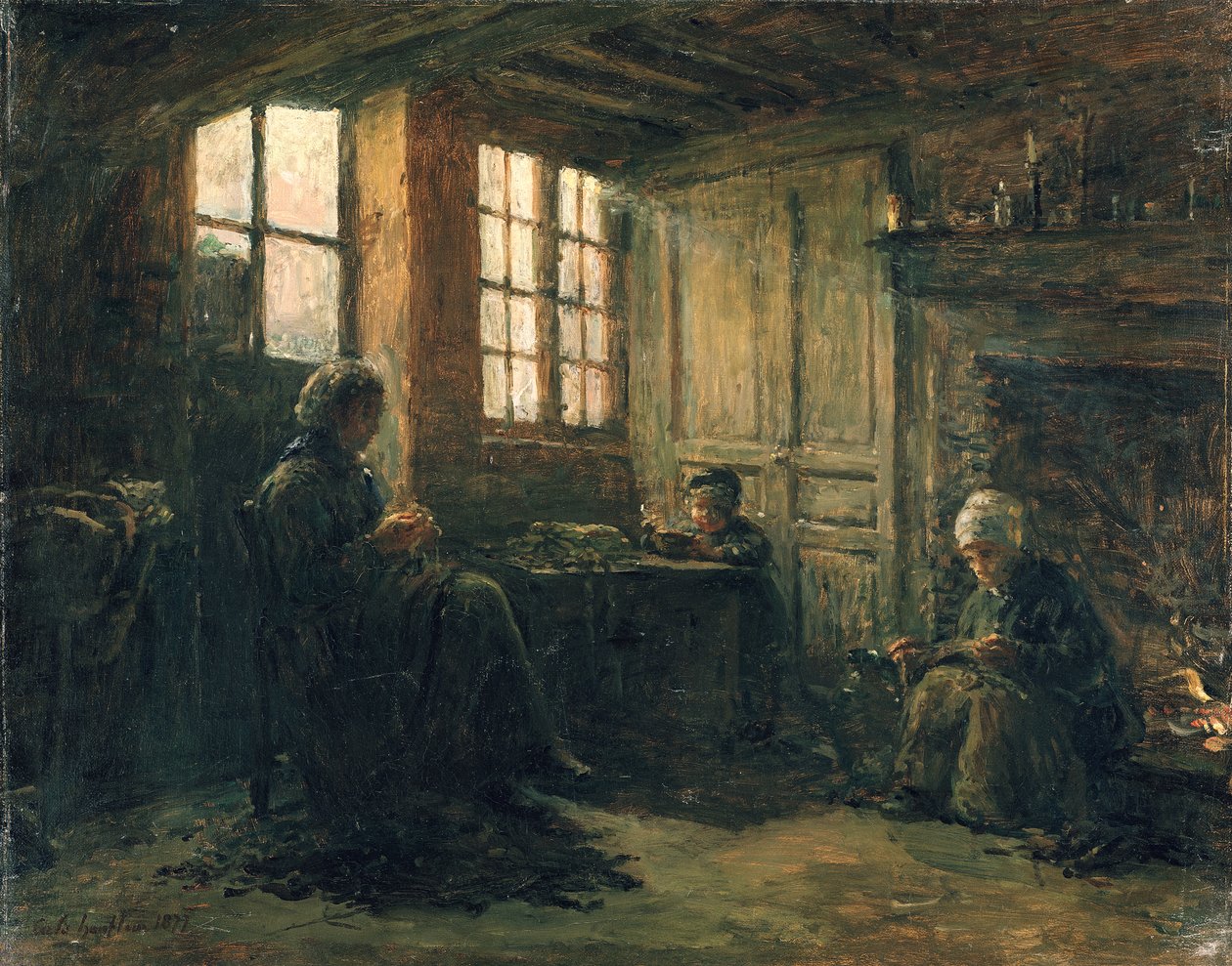 Kvinnor som sliter linne, Honfleur, 1877 av Adolphe Felix Cals