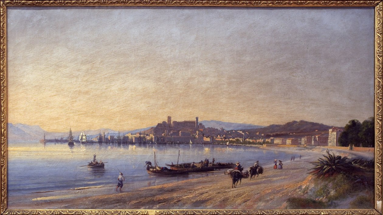 Panorama över Cannes från stranden. Målning av Adolphe Fioupou (1824-1899), olja på duk av Adolphe Fioupou