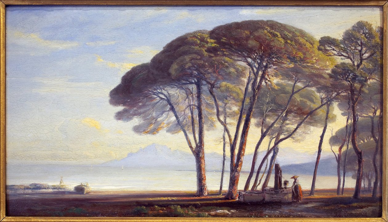 Fastigheten är Juan Les Pins (Juan-Les-Pins). Målning av Adolphe Fioupou (1824-1899), olja på trä av Adolphe Fioupou