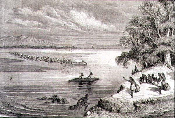 Korsar Coloradofloden på 1860-talet (gravyr) av Adolphe Gusman