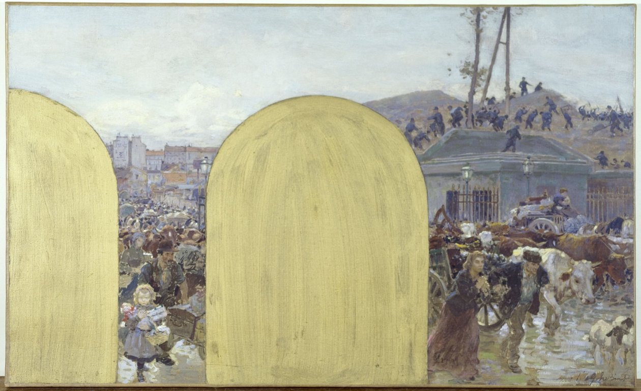 Skiss till prefektens kabinett för Hôtel de Ville de Paris: Återkomsten till Paris av invånarna i förorterna: Belägringen av Paris 1870, 1895 (olja på duk) av Adolphe Gustave Binet
