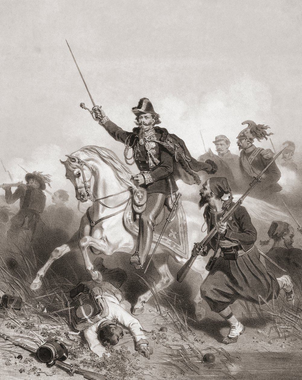 Kung Victor Emmanuel II vid slaget vid Palestro (tryck) av Adolphe Jean Baptiste (after) Bayot