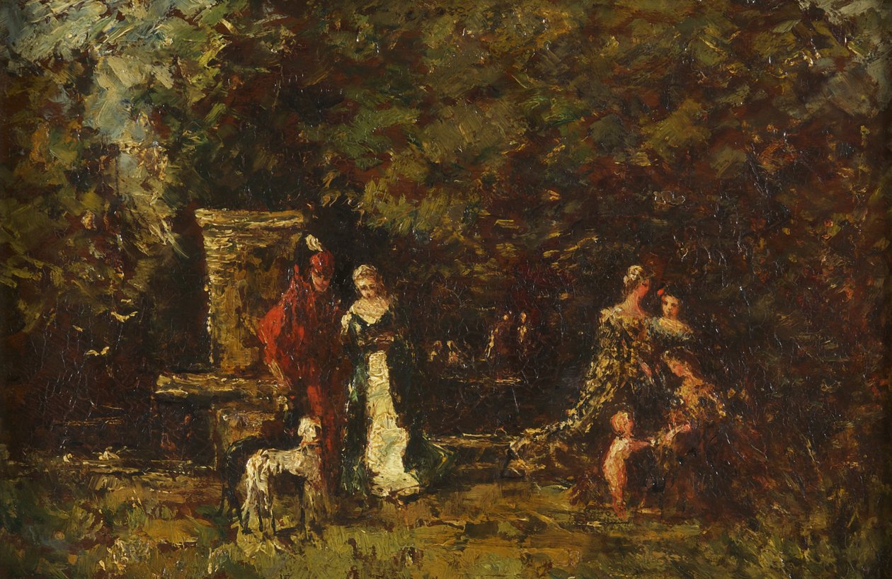 Elegant Figures in a Woodland Glade, ca 1860-80 (olja på panel) av Adolphe Joseph Thomas Monticelli