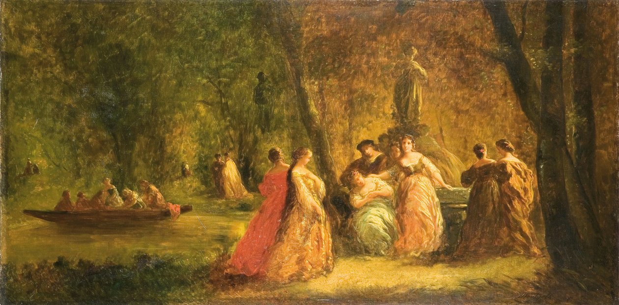 Kvinnor i parken nära en flod av Adolphe Joseph Thomas Monticelli