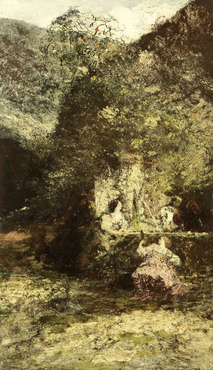 Figurer nära en fontän av Adolphe Joseph Thomas Monticelli