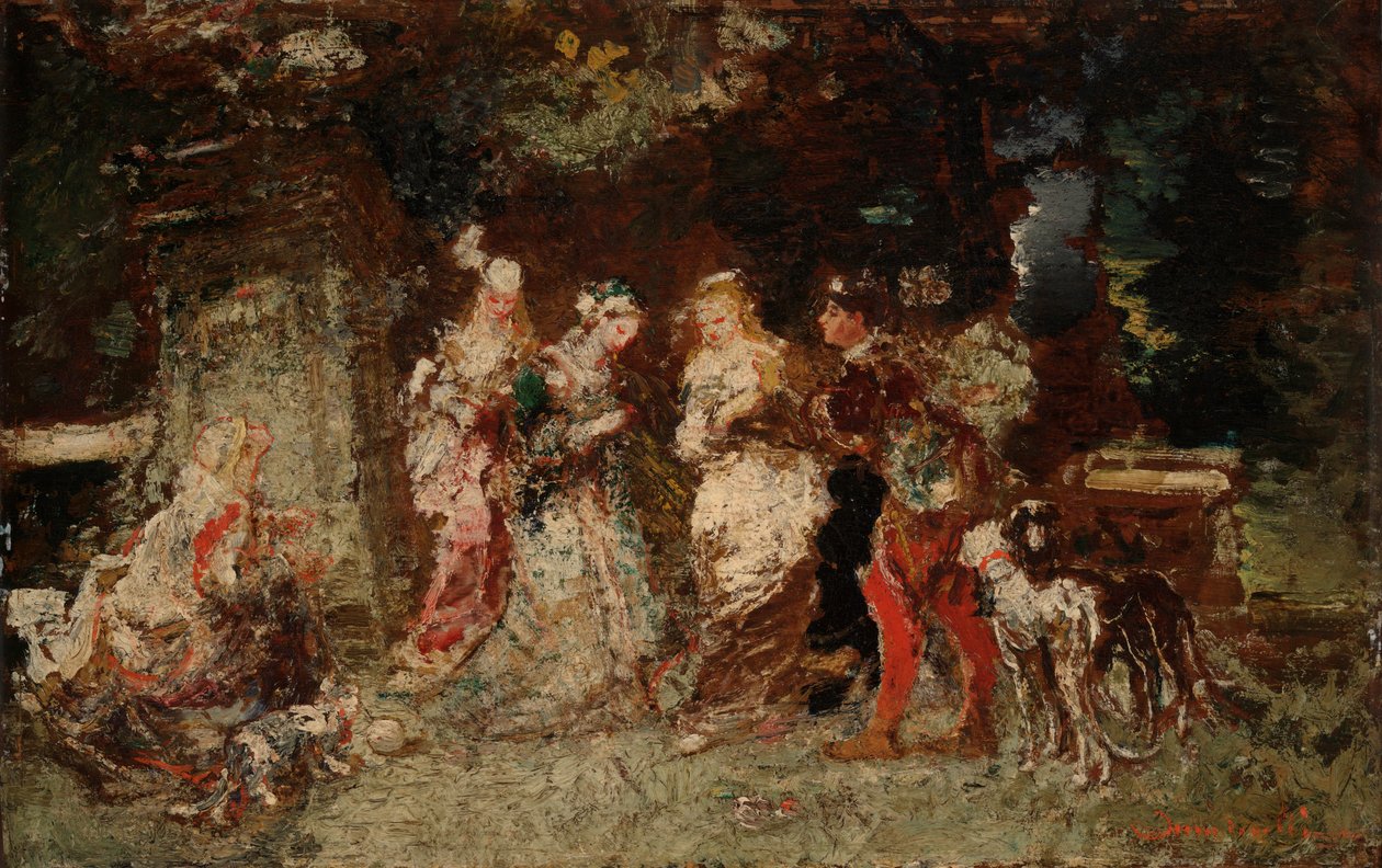 Trädgårdsscen av Adolphe Joseph Thomas Monticelli