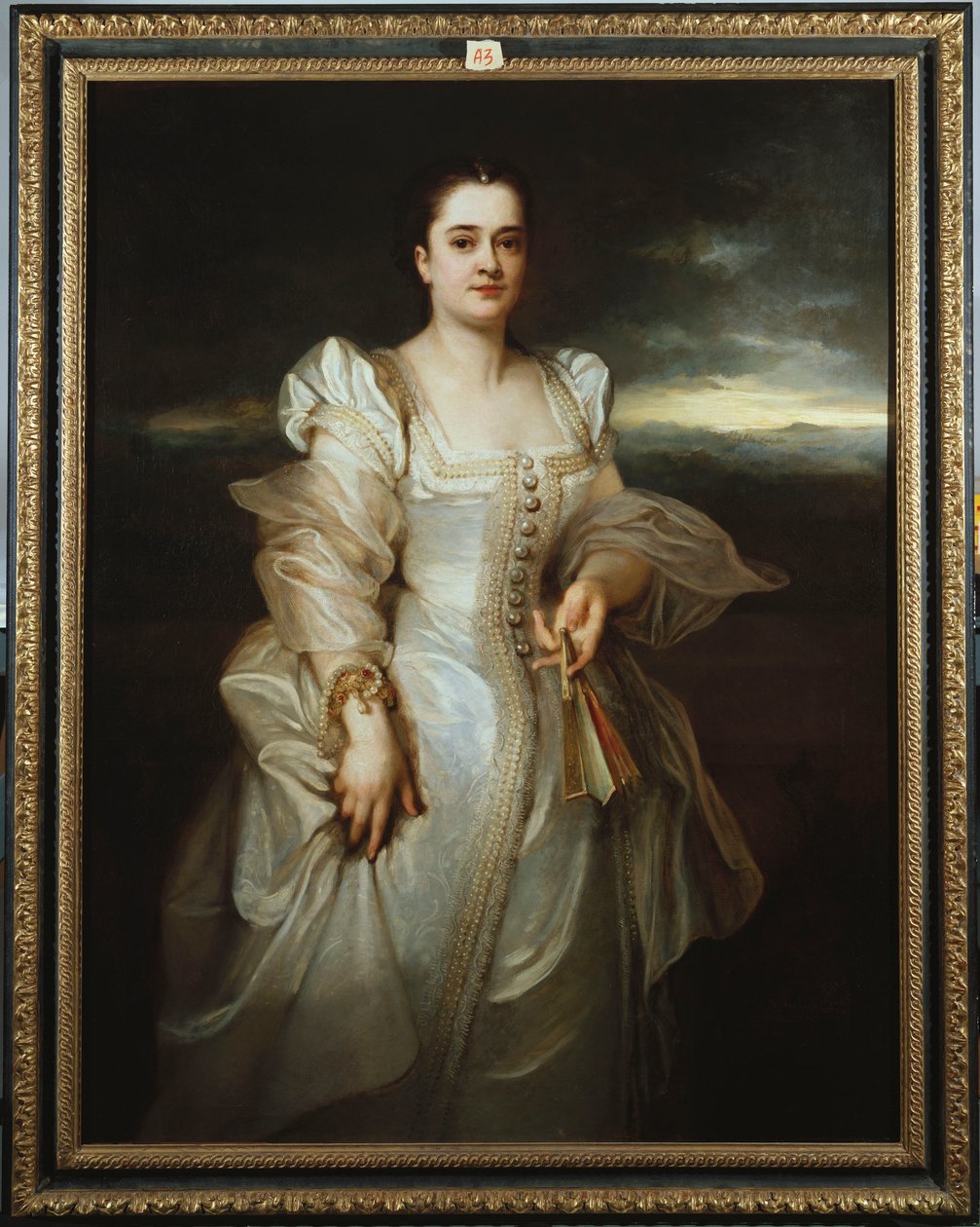 Porträtt av en dam som bär en vit klänning broderad med pärlor av Adolphe Joseph Thomas Monticelli