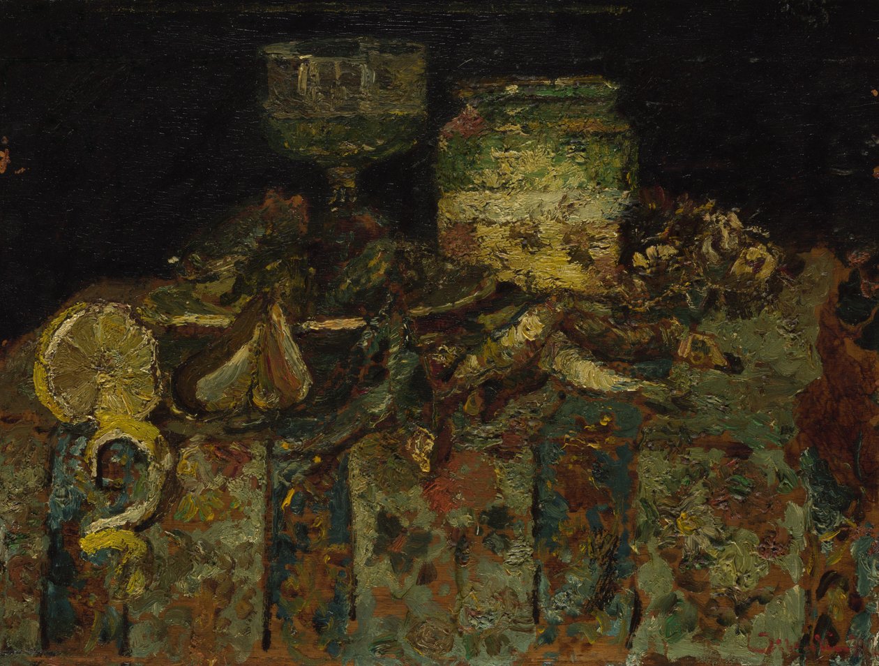 Stilleben: ostron, fisk, ca. 1880 av Adolphe Joseph Thomas Monticelli