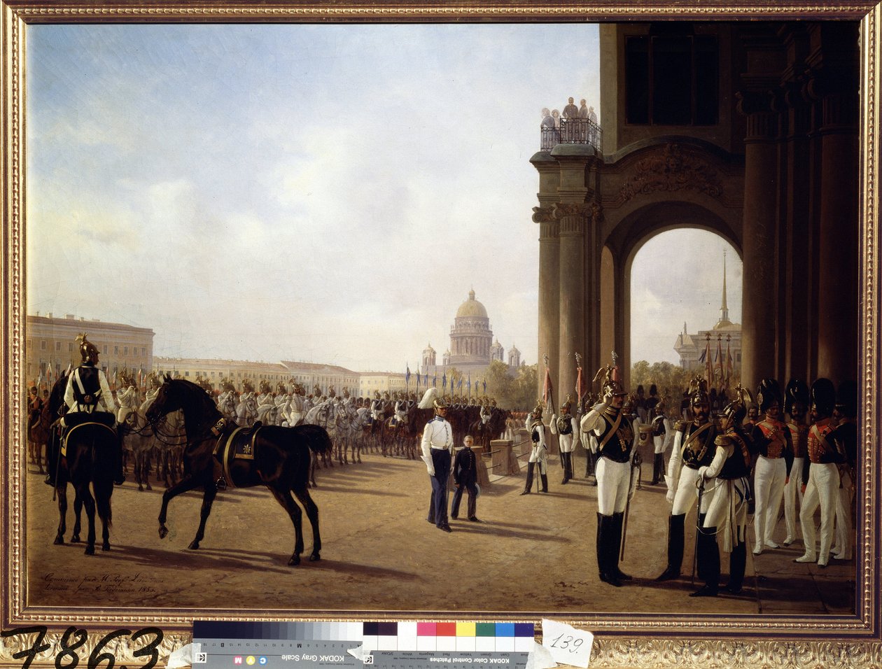 Militärparad på Palace Square i Sankt Petersburg (Parad på Palace Square i Sankt Petersburg). Målning av Adolphe Ladurner (1798-1856), olja på duk av Adolphe Ladurner