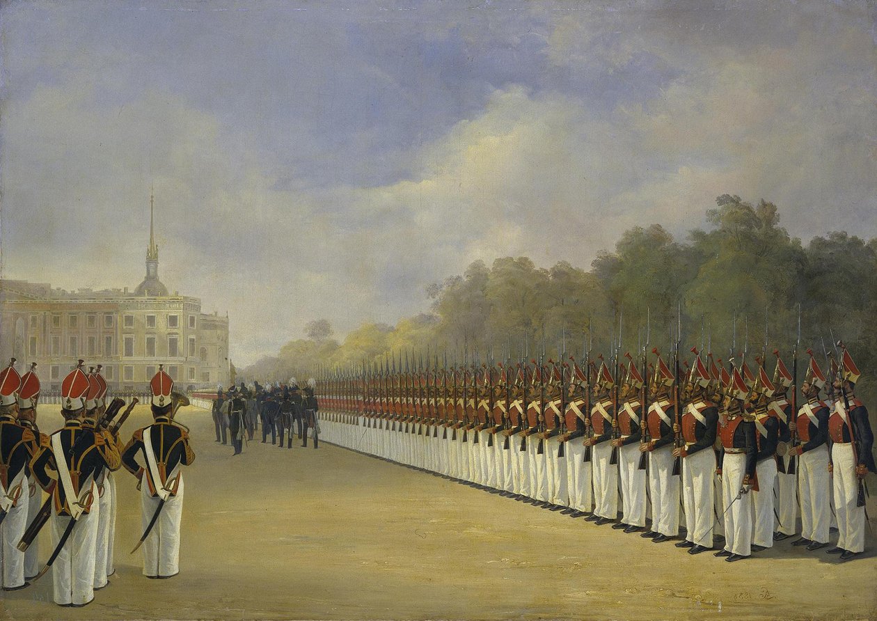 Parad av Pavlovsky Guard Regemente på Marsfältet i Sankt Petersburg, 1830-talet av Adolphe Ladurner