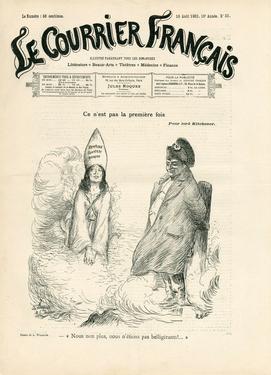 Omslag till "" Le Courrier francais", nummer 33, satirisk i B & W av Adolphe Leon Willette