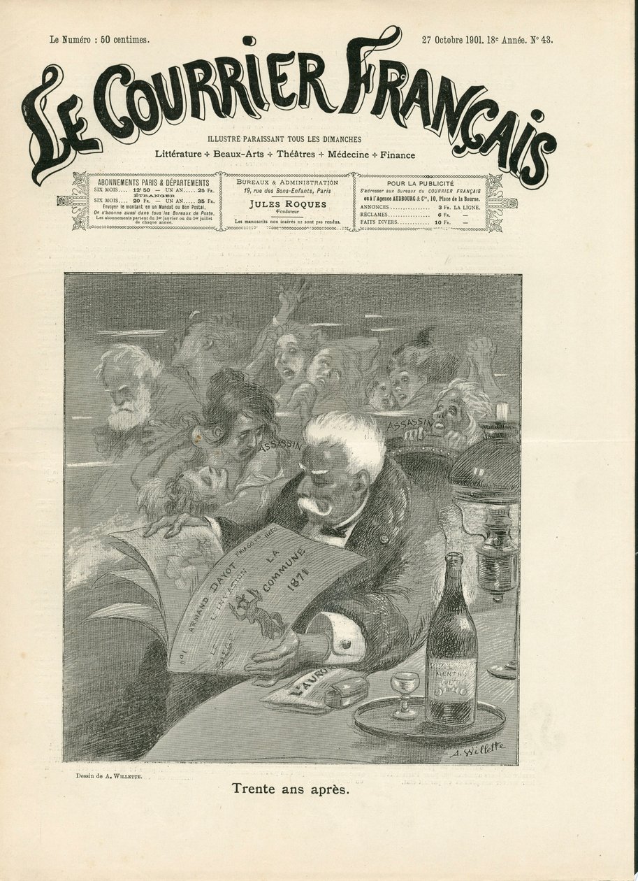 Omslag till "" Le Courrier francais", nummer 43, satirisk i B & W av Adolphe Leon Willette