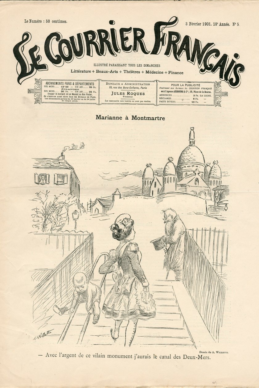 Omslag till "" Le Courrier francais", nummer 5, satirisk i svartvitt av Adolphe Leon Willette