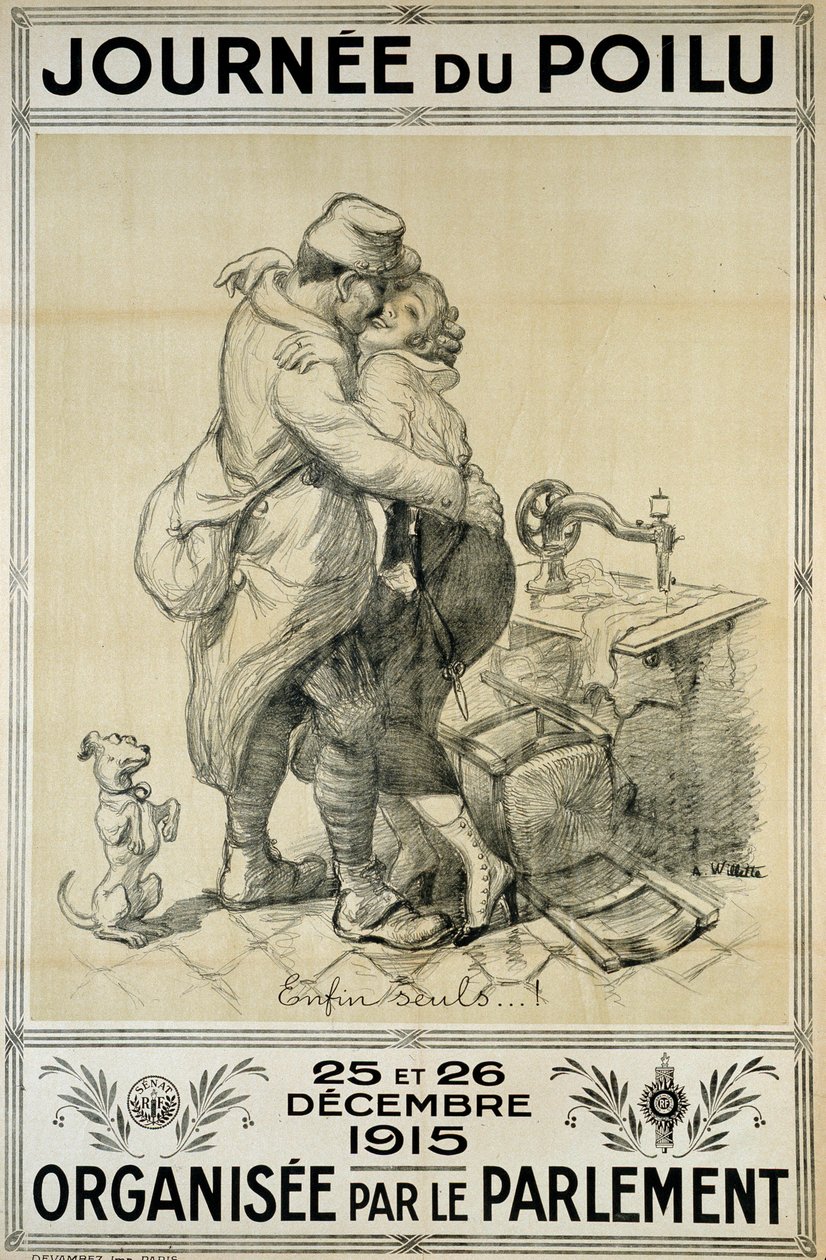 Första världskriget: affisch som hyllning till soldater som representerar återföreningen av ett par för de hårigas dag den 25 och 26 december av Adolphe Leon Willette