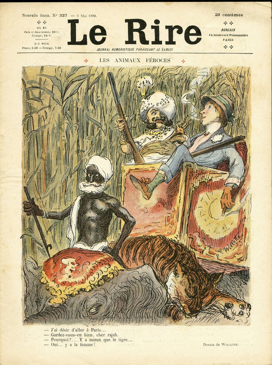 Illustration av Adolphe dit Willette (1857-1926) för omslaget till The Laughter, 08/05/09 - Vilda djur - Antifeminism, Hobby, Jaktjägare, Indien, Engelska Indien, Djur - Elefant, Kvinnor, Tiger av Adolphe Leon Willette
