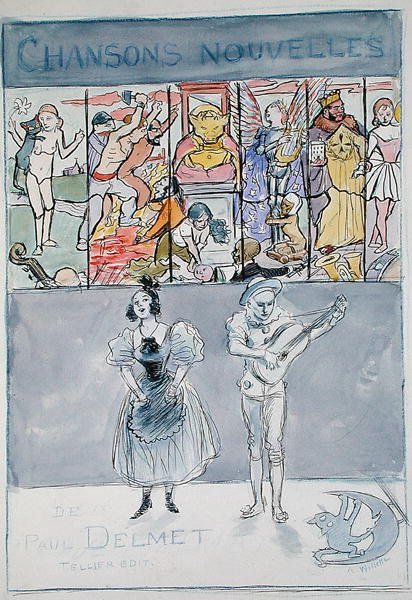 Illustration för "New Songs of Paul Delmet" publicerad av Henri Tellier, ca 1895 (litho i färg) av Adolphe Leon Willette