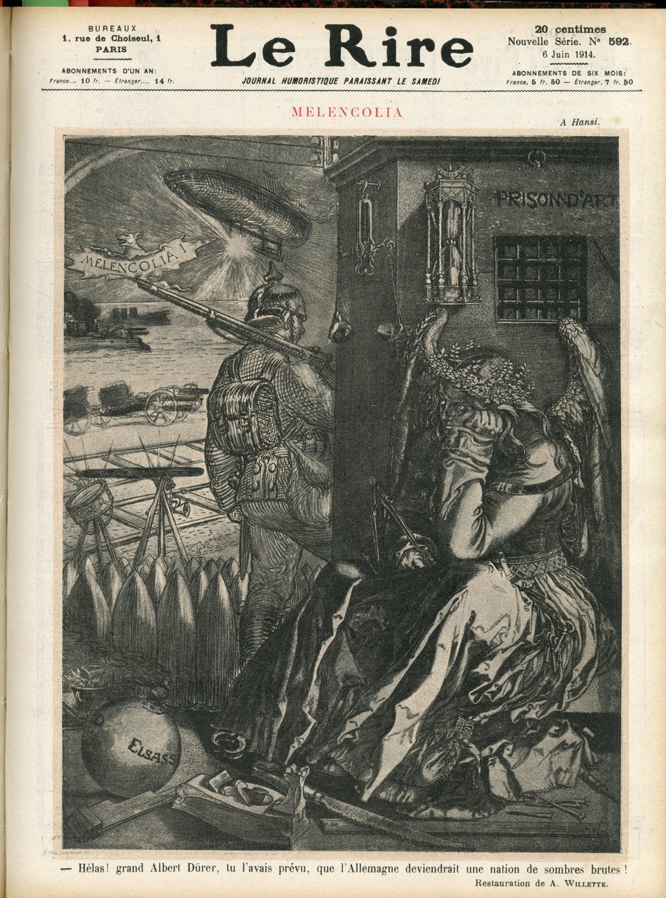 Illustration av Adolphe dit Willette (1857-1926) för omslaget till Le Lire, 06/06/14 - "" Helas, store Albert Durer, du hade förutspått att Tyskland skulle bli ett land av mörka bruter! “” - Melancolia - Kriget, Tyskland Preussen - Durer av Adolphe Leon Willette