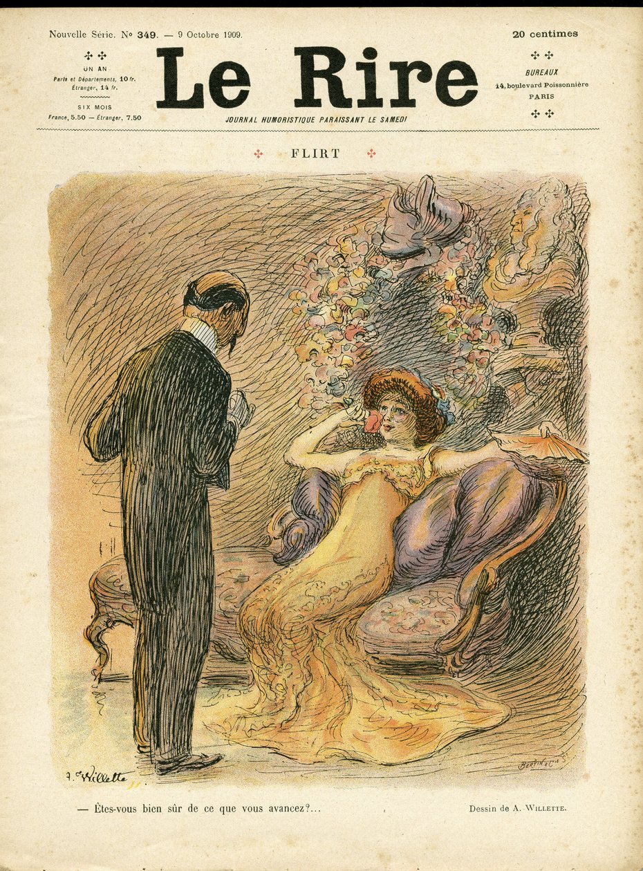 Illustration av Adolphe dit Willette (1857-1926) för omslaget till Le Rire, 09/10/09 - Flirta - Kärlek, mode, intern arkitektur av Adolphe Leon Willette