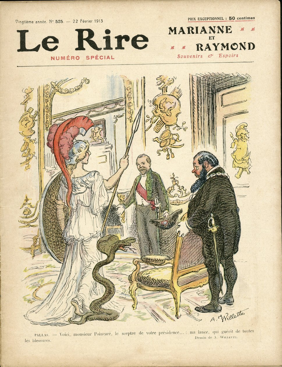 Illustration av Adolphe dit Willette (1857-1926) för omslaget till Le Rire, 22/02/13 - Republikens president, hatt, Elysee, Fåtölj (symbol för makt) - Poinscare Raymond av Adolphe Leon Willette