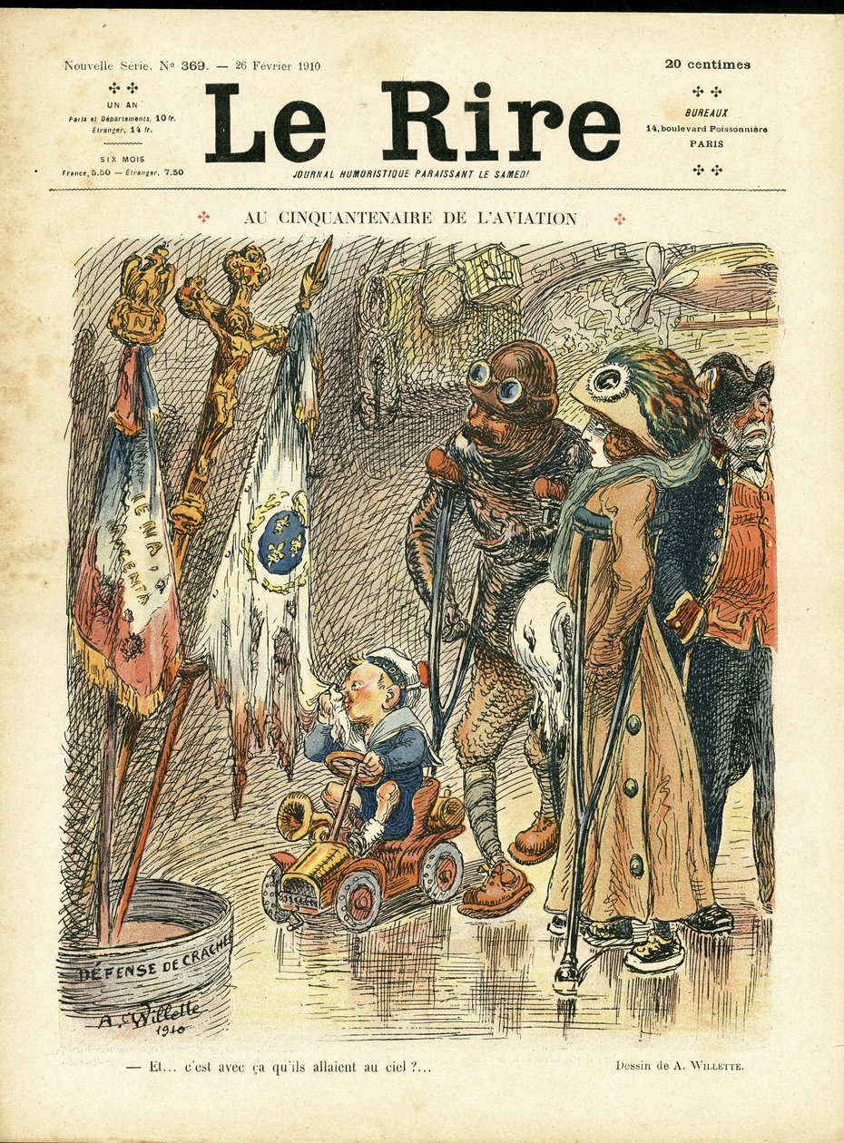 Illustration av Adolphe dit Willette (1857-1926) för omslaget till Le Rire, 26/02/10 - Vid flygets femtioårsjubileum - Flyg, mode, hatt, olyckor Katastrofer av Adolphe Leon Willette