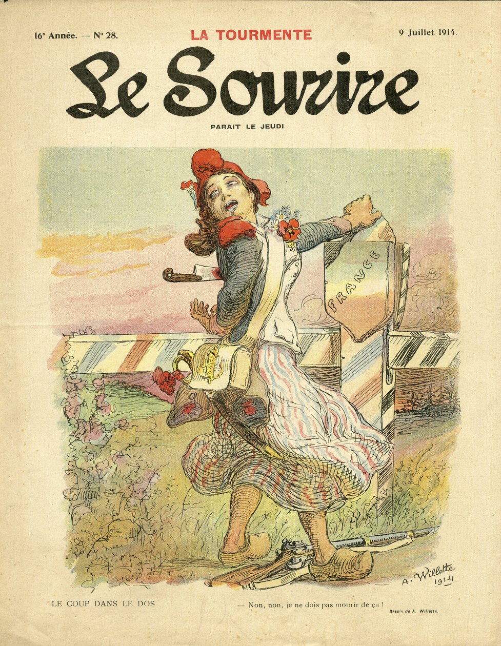 Illustration av Adolphe dit Willette (1857-1926) för omslaget till Le Smile, nr 28, 09/07/14 - Slaget i ryggen - Nationalism, Franska revolutionen, kriget 14-18 första mössen, Gränser - Marianne av Adolphe Leon Willette