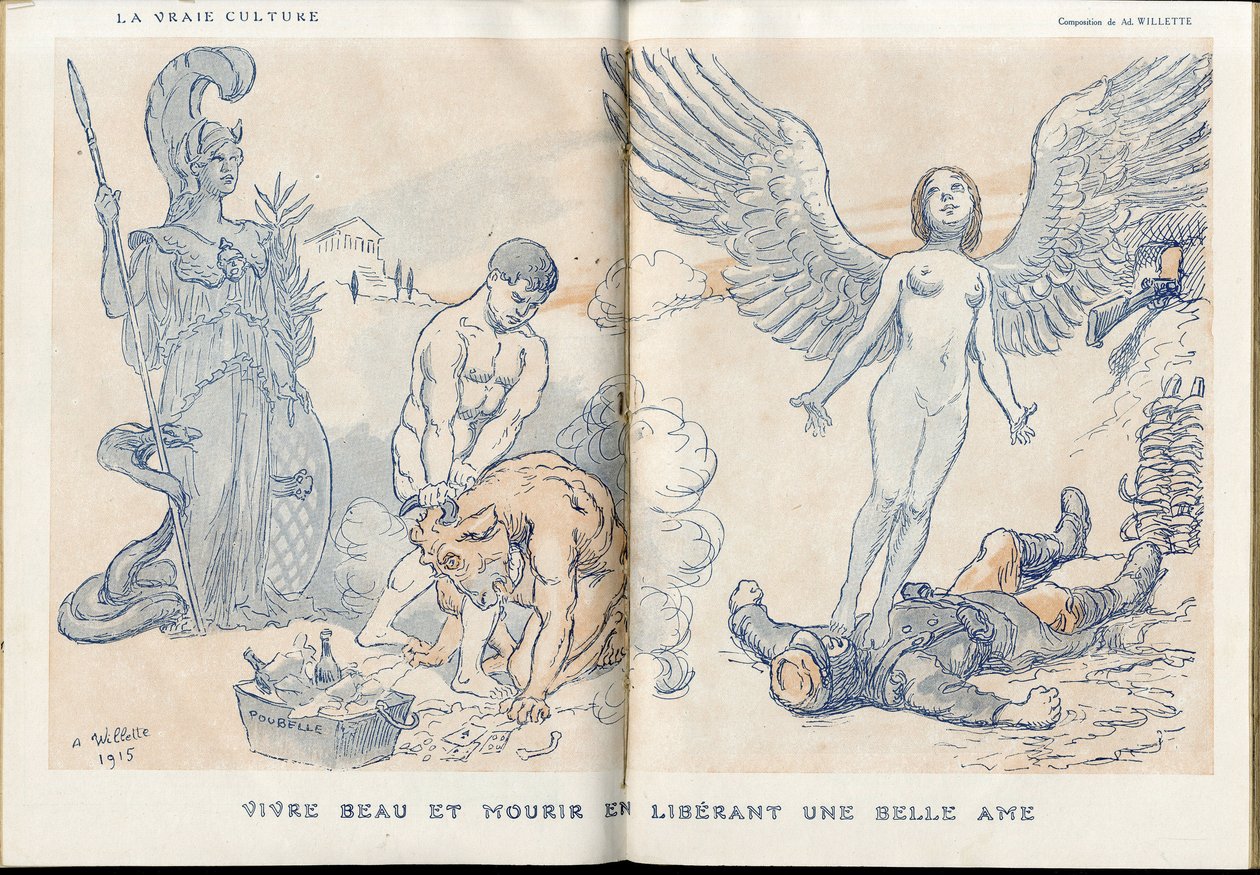 Illustration av Adolphe dit Willette (1857-1926) i "" Fantasio""", 01/05/15 - Att leva vackert och dö genom att släppa en vacker själ - War of 14 -18, Dead corpses, Barbary/Kultur, Jam of Skull - Soldater av Adolphe Leon Willette
