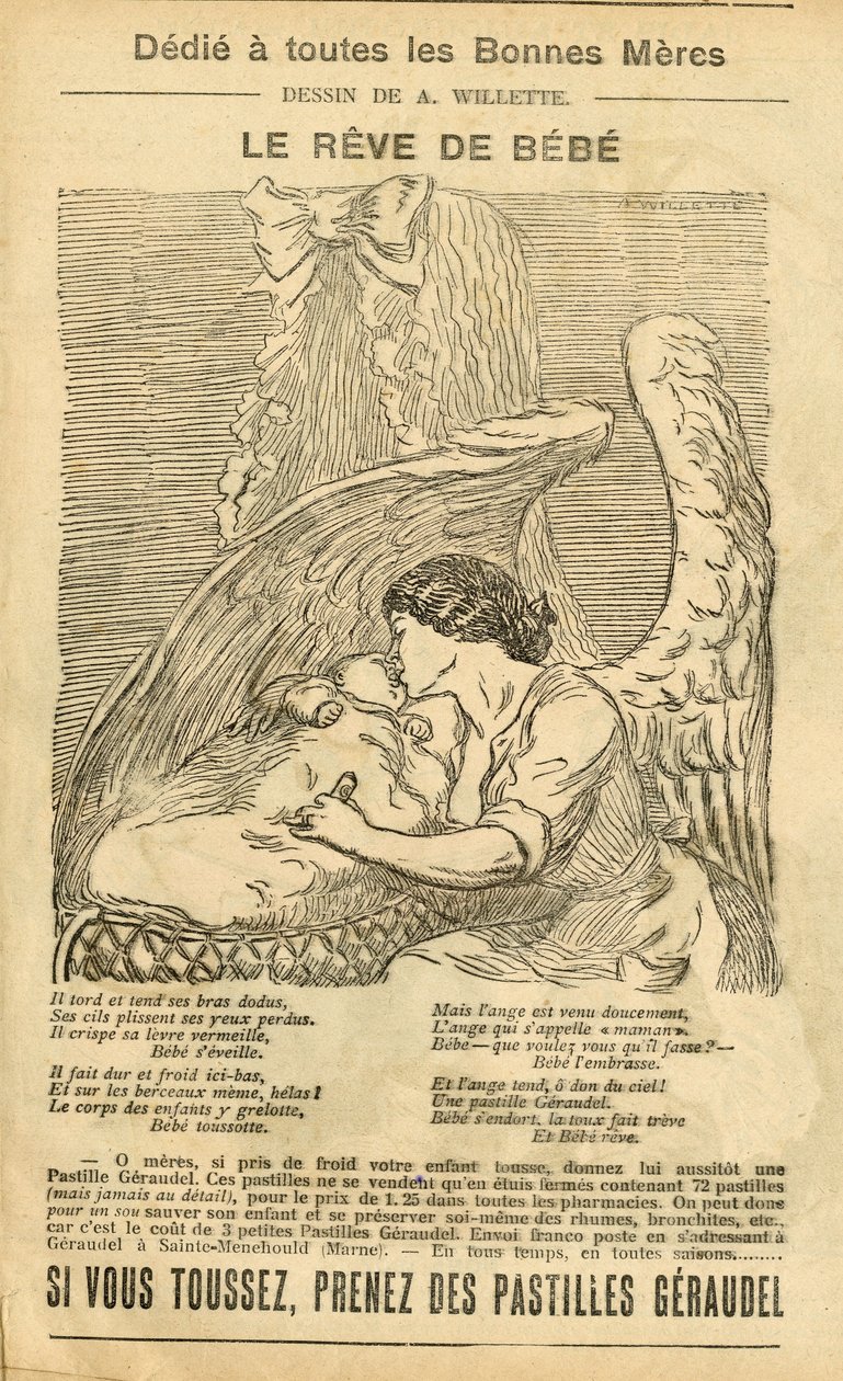 Illustration av Adolphe dit Willette (1857-1926) i Le Pelerin, 22/12/07 - Babyns dröm - Reclamation Publicity, Maternity - Ängel av Adolphe Leon Willette