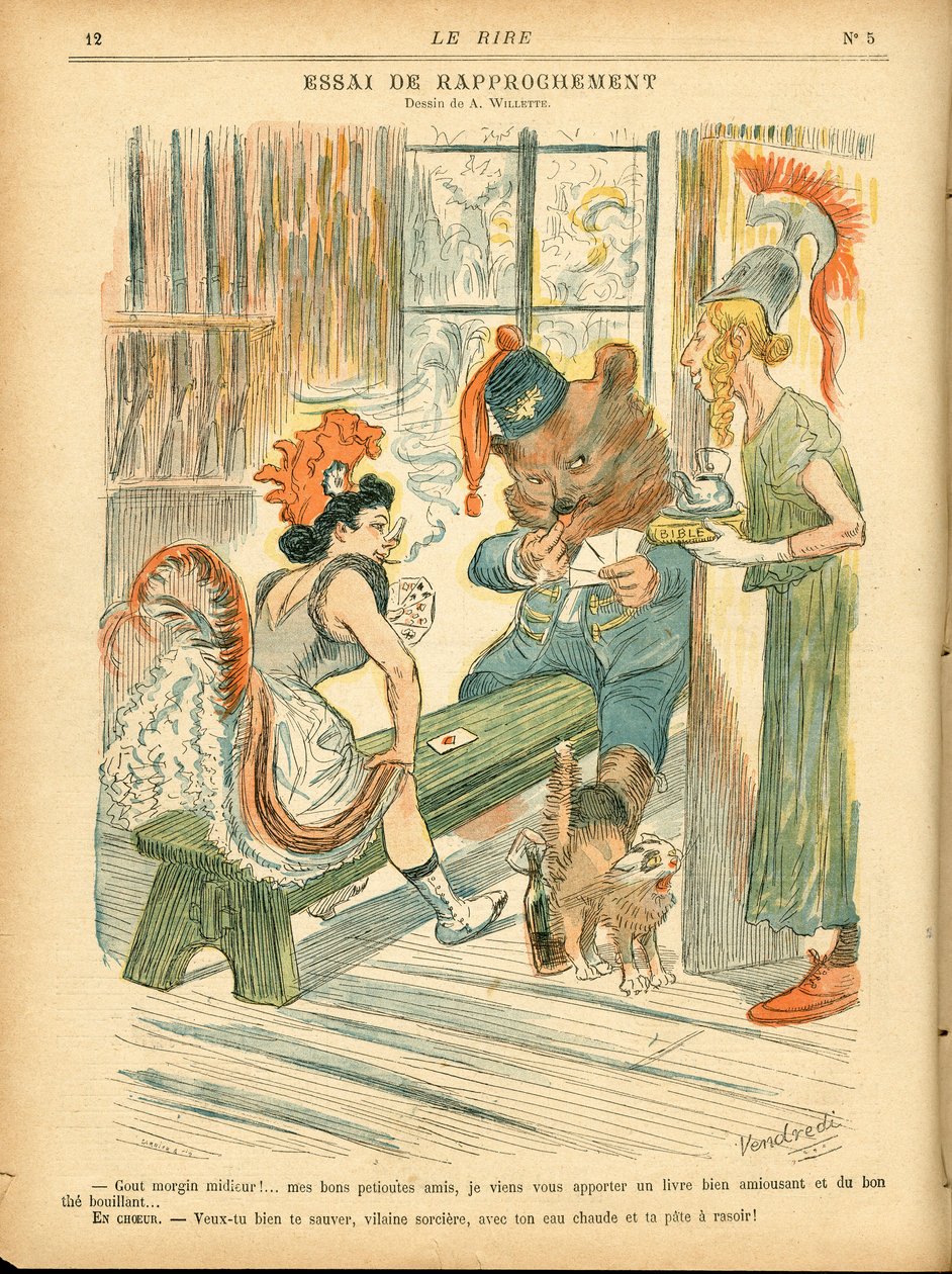 Skratt, satirisk i färger: Tie de approchement - Kortspel - Marianne, Bear, Albion Britania - Illustration av Adolphe (Willette) (1857-1926) av Adolphe Leon Willette