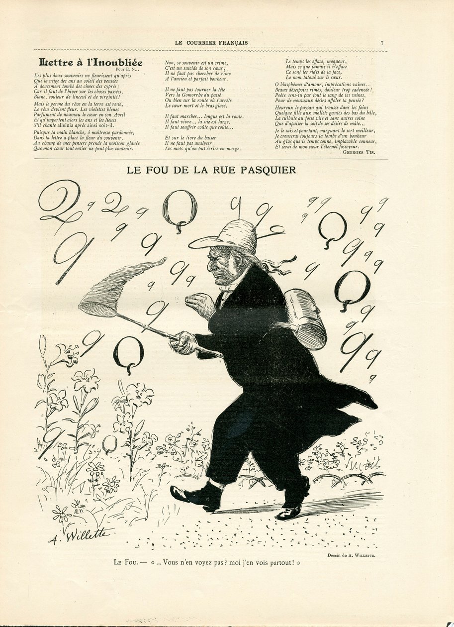 Le Courier francais, nummer 10, satirisk i svartvitt av Adolphe Leon Willette