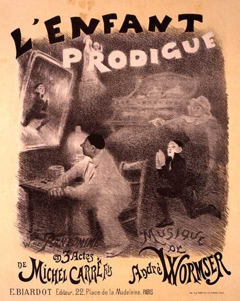 Reproduktion av en affisch med reklam för "Den förlorade sonen", en pantomim av Michel Carre av Adolphe Leon Willette