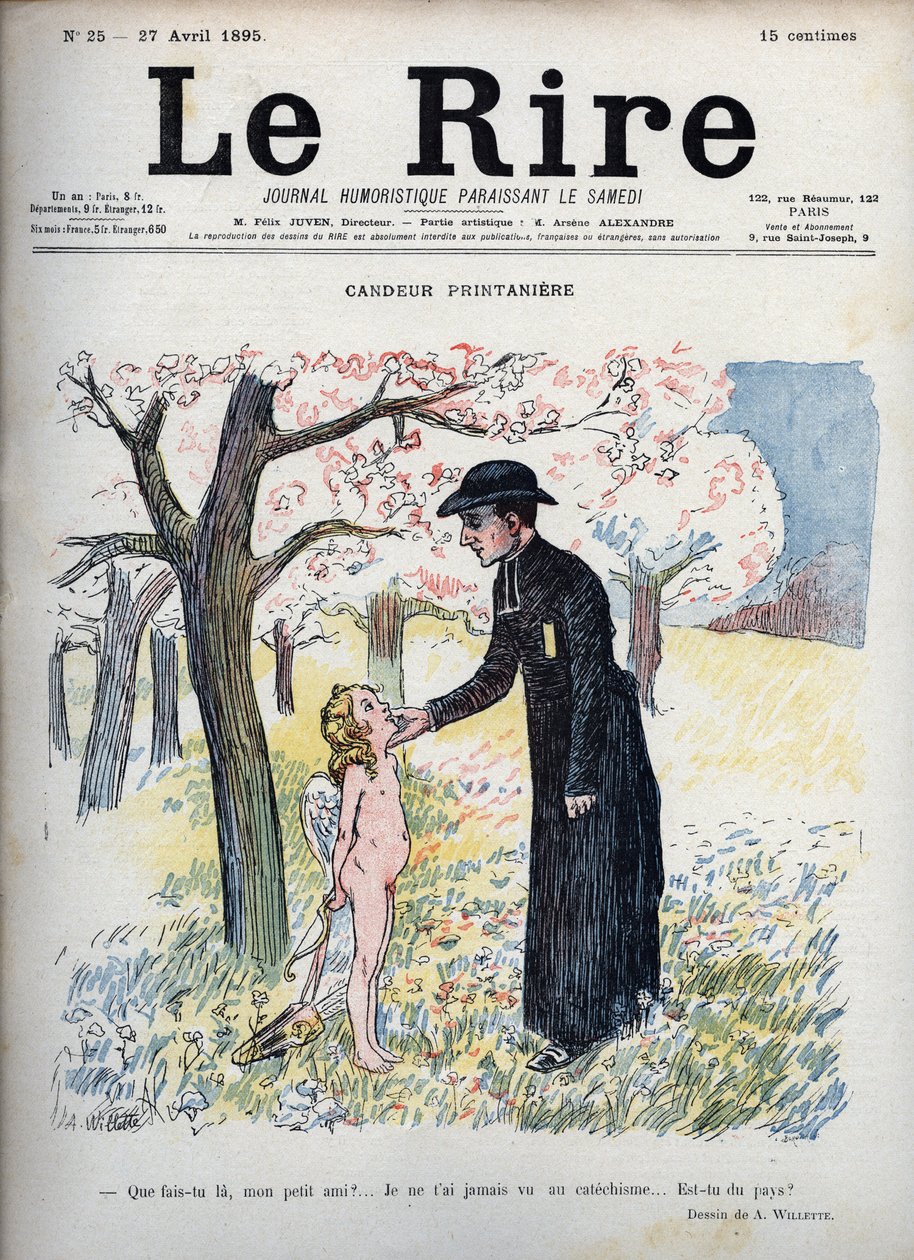 Spring Candeur - I en skog av blommor, en präst som smeker ansiktet på ett nakent barn, gömmer sig bakom hans rygg en pil och båge och ett par vingar. Utan att veta att han är Amor, frågar han om han är ny, eftersom ingen någonsin har sett honom på katekes av Adolphe Leon Willette