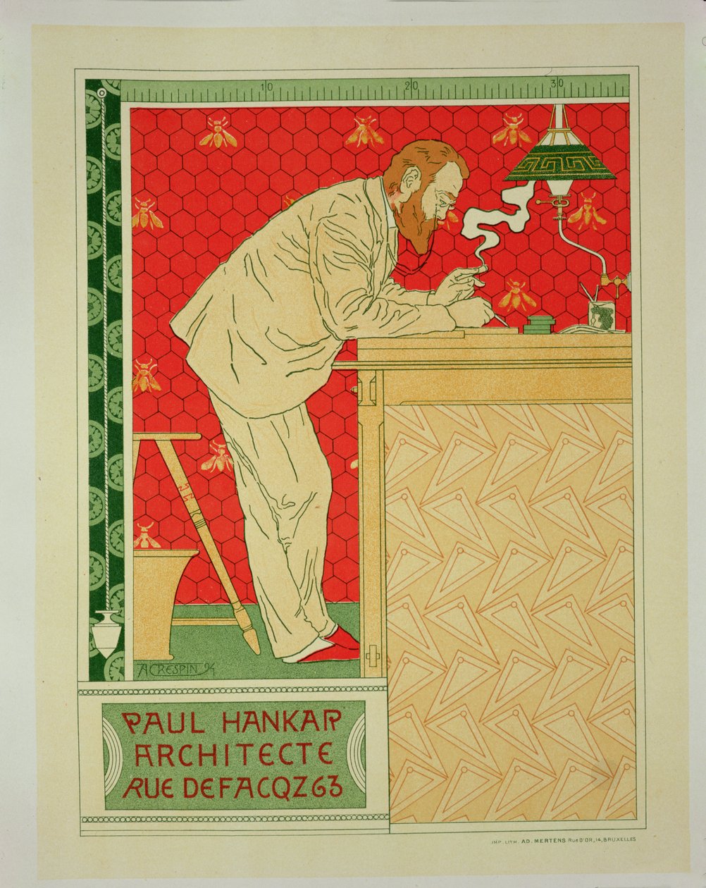 Reproduktion av en affisch med reklam för "Mr Paul Hankar, Architect", Rue Defacqz, 1894 av Adolphe Louis Charles Crespin