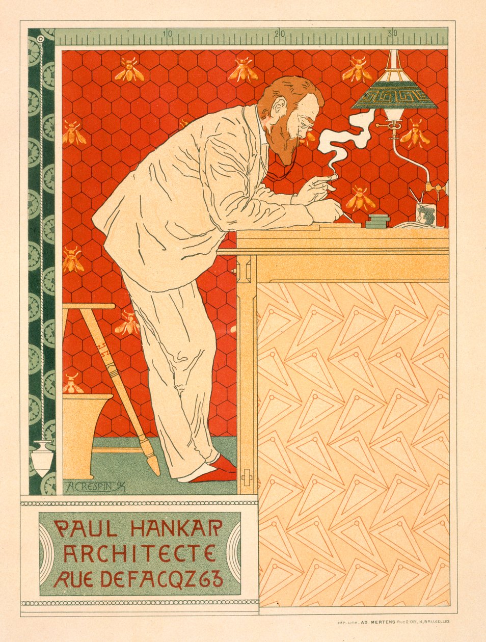 Reproduktion av en affisch som annonserar Paul Hankars arkitektoniska praktik, 1894 av Adolphe Louis Charles Crespin