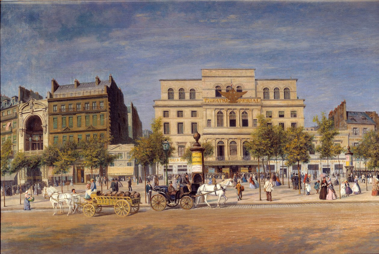 Allmän vy av teatrarna i boulevard du templet före piercingen av Boulevard Prince Eugene, detalj av de parisiska Caleches framför Imperial Theatre. Målning av Adolphe Potemont (1828-1883) av Adolphe Martial Potemont