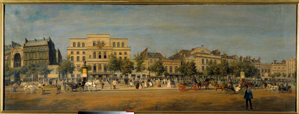Förvandlingar av Paris under det andra imperiet, Haussmann Paris: "" Allmän bild av teatrarna i boulevard du Temple (Gaite, Imperial) före piercingen av boulevarden Prince Eugene (nuvarande boulevard Voltaire)"" Målning av Adolphe Potemont ( av Adolphe Martial Potemont