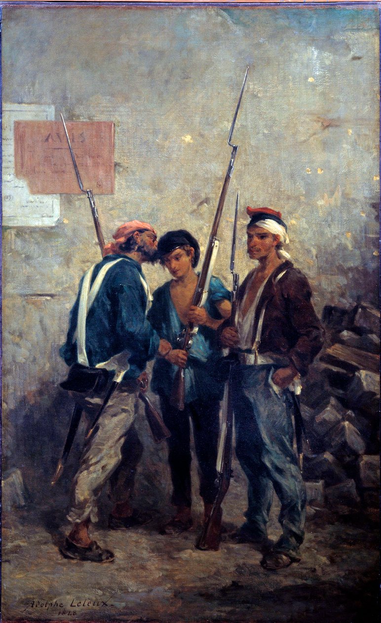 Revolutionen 1848: ""sloganen"""" Parisiska uppror passerade ordet nära barrikaderna dagen den 24/02/1848. Målning av Adolphe Pierre Leleux (1812-1891) 1848 Sön. 0,93x0,58 m av Adolphe Pierre Leleux