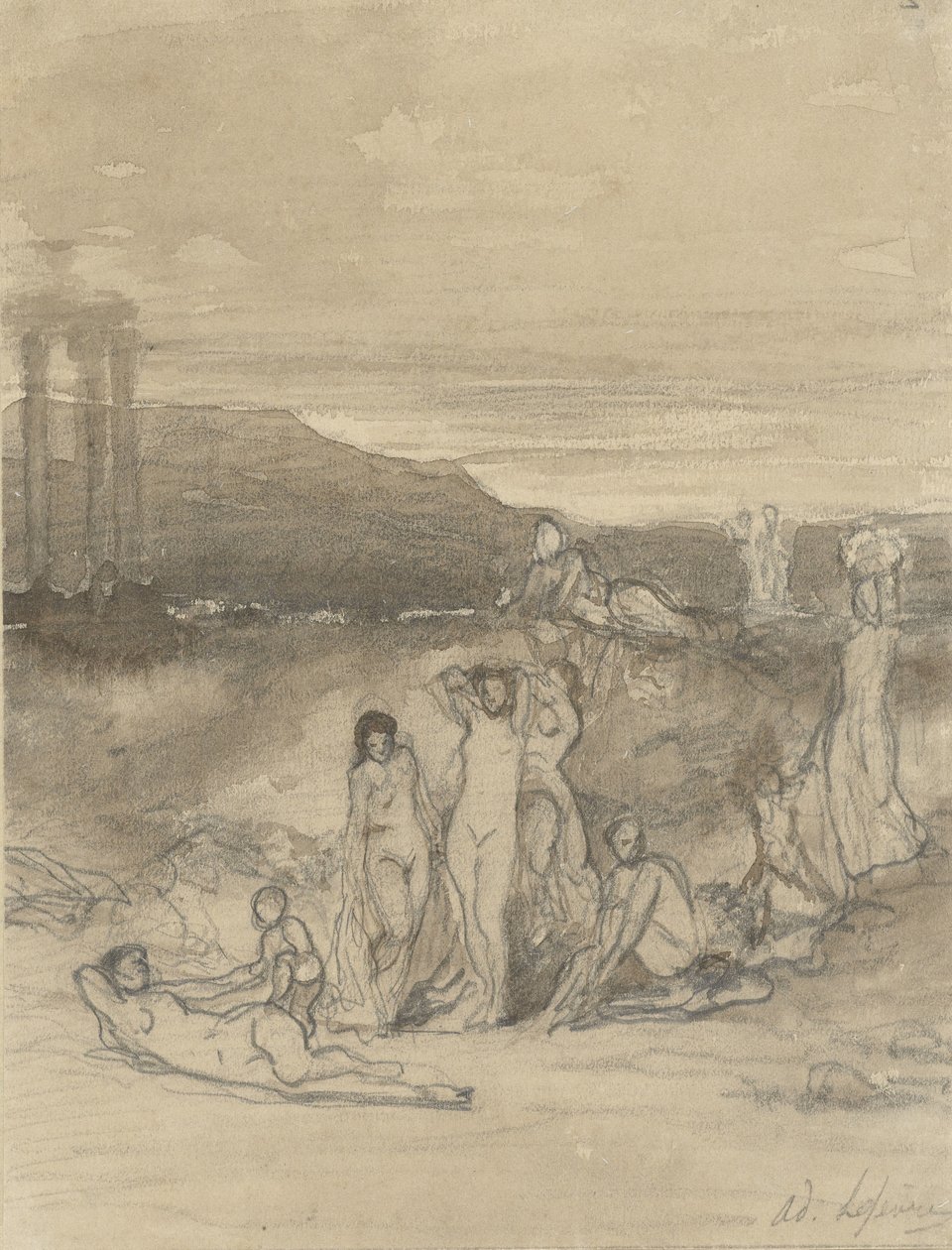 Klassiskt landskap med liggande, stående och sittande nakenfigurer och en tempelruin av Adolphe René Lefèvre