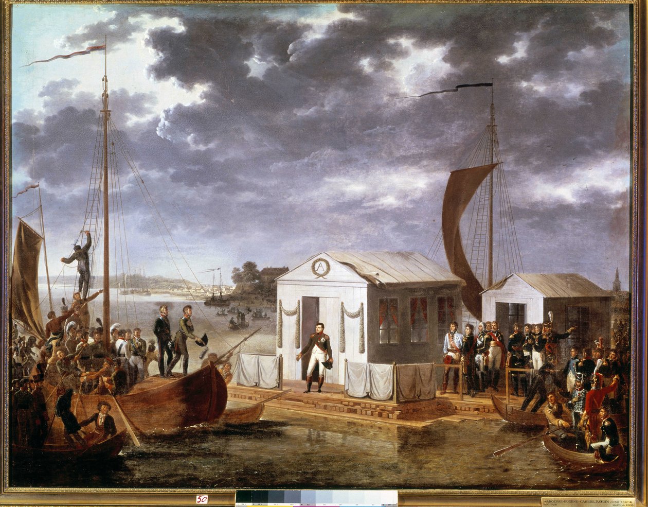 Intervju av Tilsit (Tilsitt) mellan Napoleon I och tsar Alexander I av Ryssland vid floden Niemen den 25 juni av Adolphe Roehn