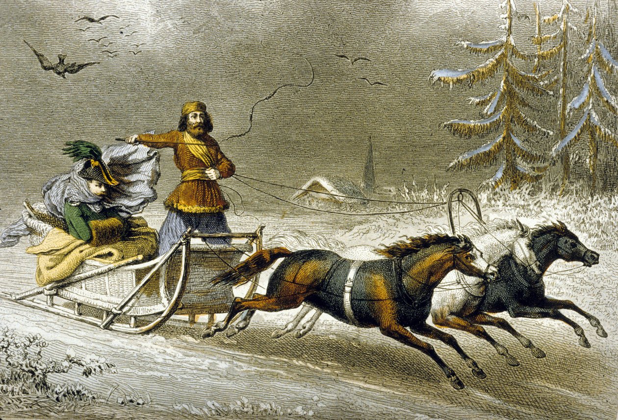 A Sled in the Snow, Ryssland (färggravyr) av Adolphe Rouargue