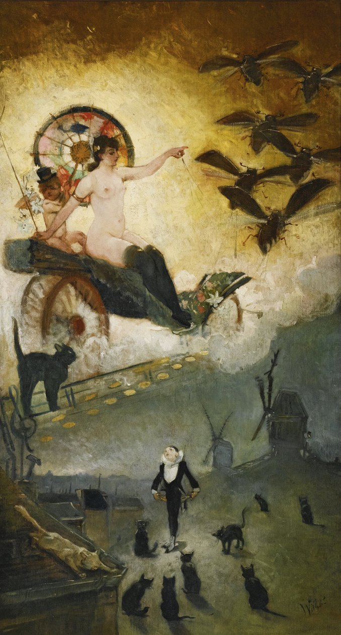Farväl till artonhundratalet. Design för inredningen av Cabaret-stället Le Chat Noir i M av Adolphe Leon Willette