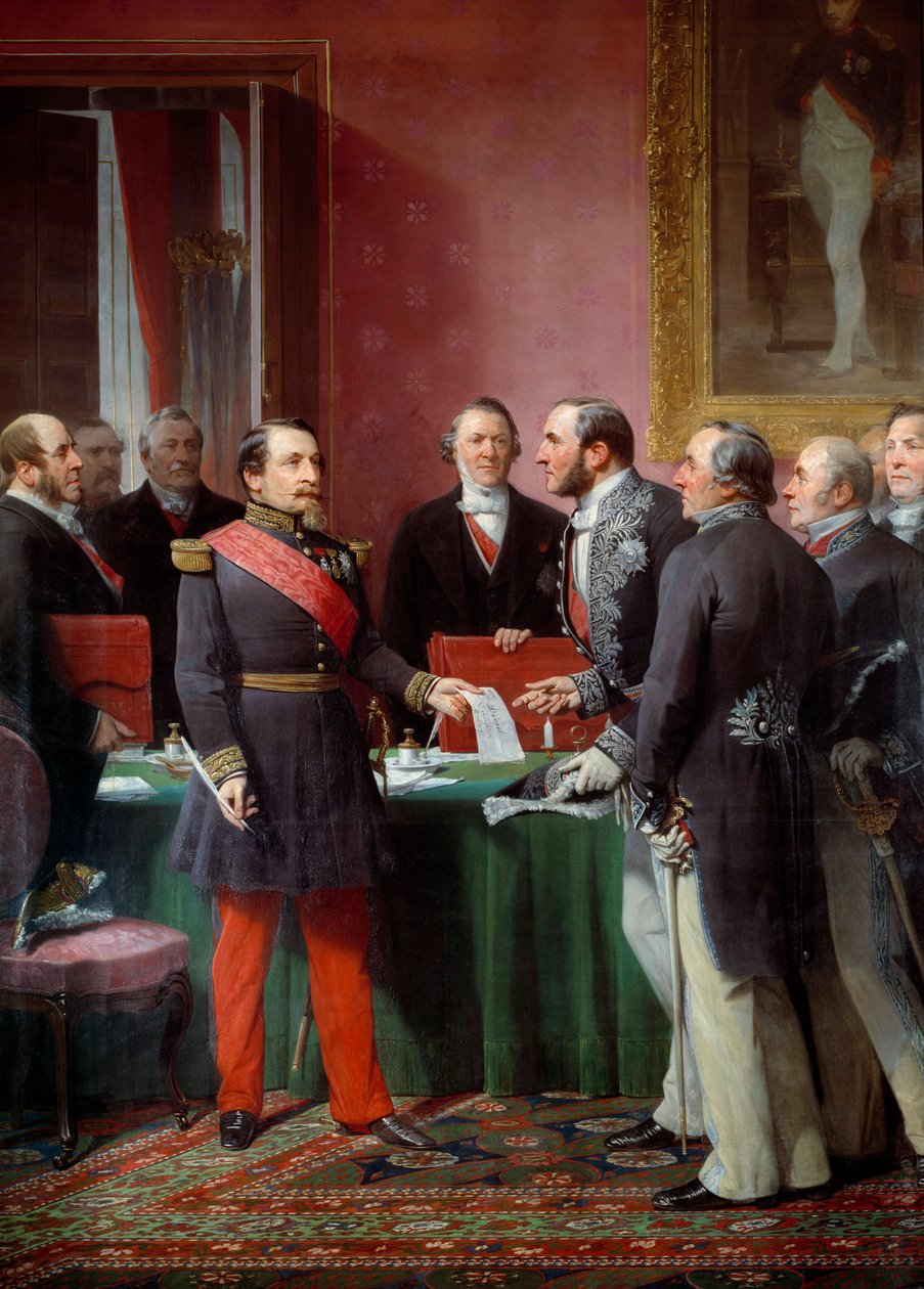 Kejsar Napoleon III (1808-1873) överlämnade till baron Georges Haussmann (1809-1891) dekretet om annektering av grannkommunerna i juni 1859 av Adolphe Yvon