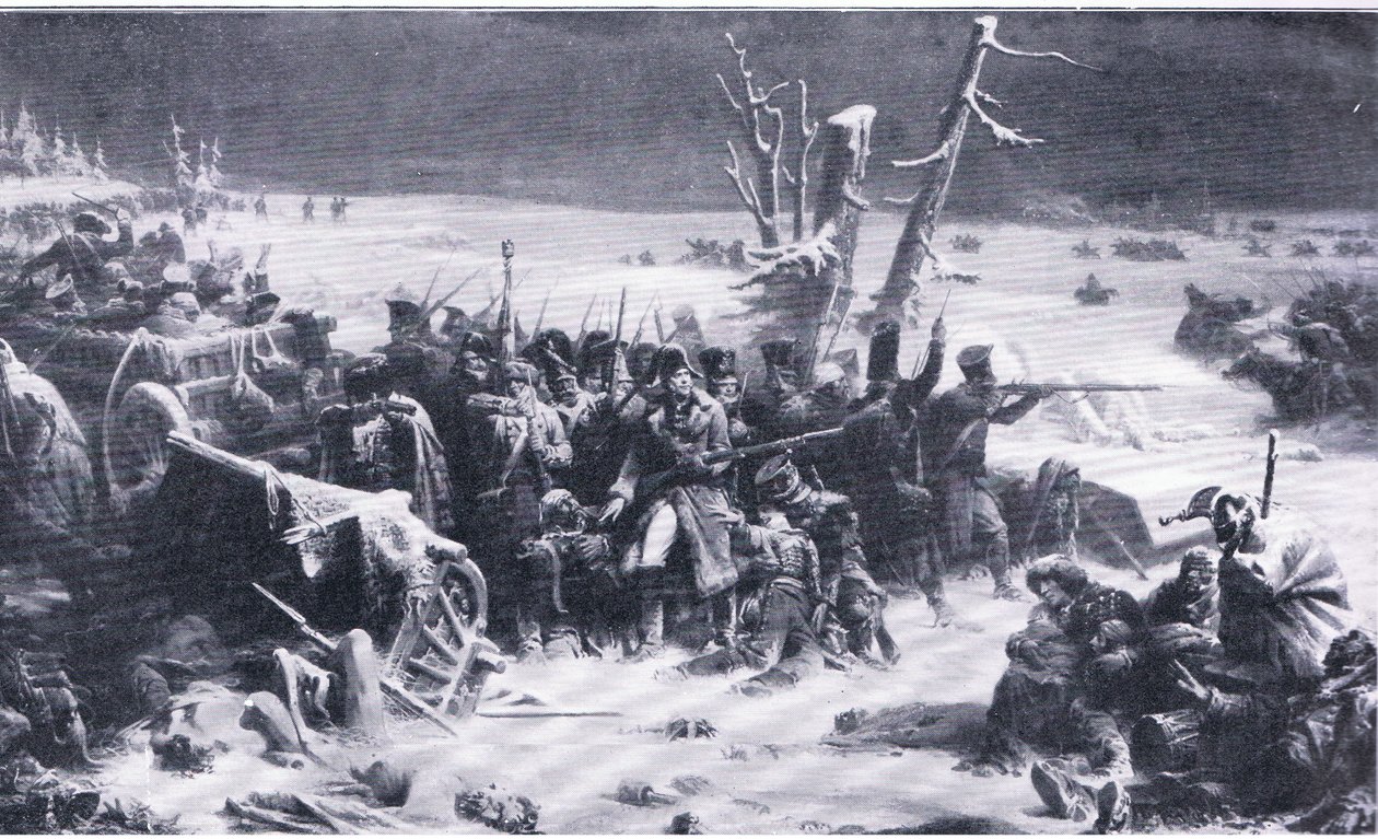 Marskalk Ney stödjer bakvakten under reträtten från Moskva, illustration från Landmarks in European History publicerad av Gresham Publishing Co, ca 1920 (lito) av Adolphe Yvon