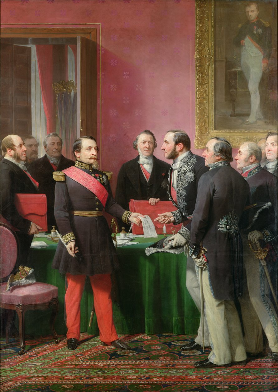 Napoleon III (1808-73) överlämnar i juni 1859 dekretet om annexion av Paris förortskommuner till baron Georges Haussmann (1809-91). av Adolphe Yvon