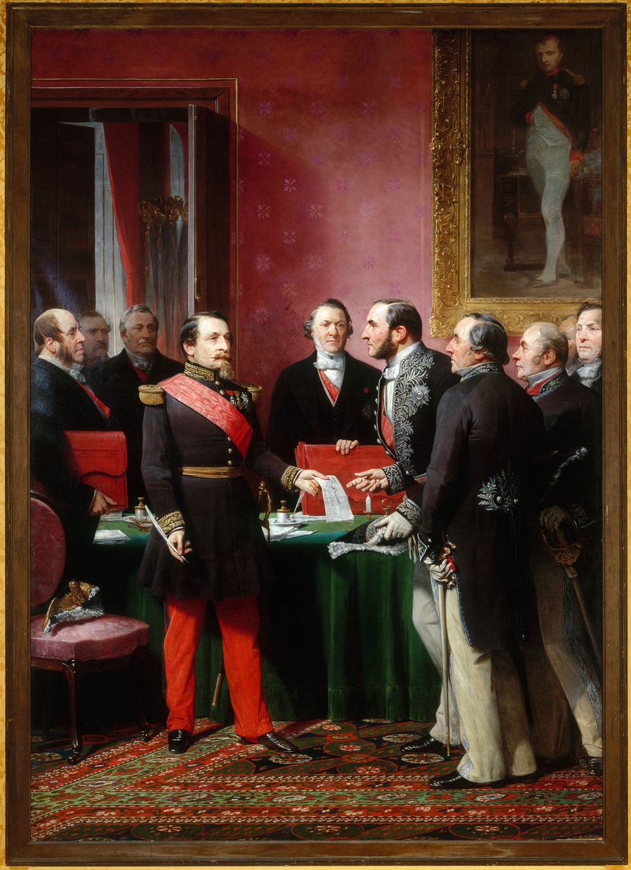 Napoleon III överlämnar dekretet om annektering av grannkommunerna till baron Haussmann (16 februari) av Adolphe Yvon