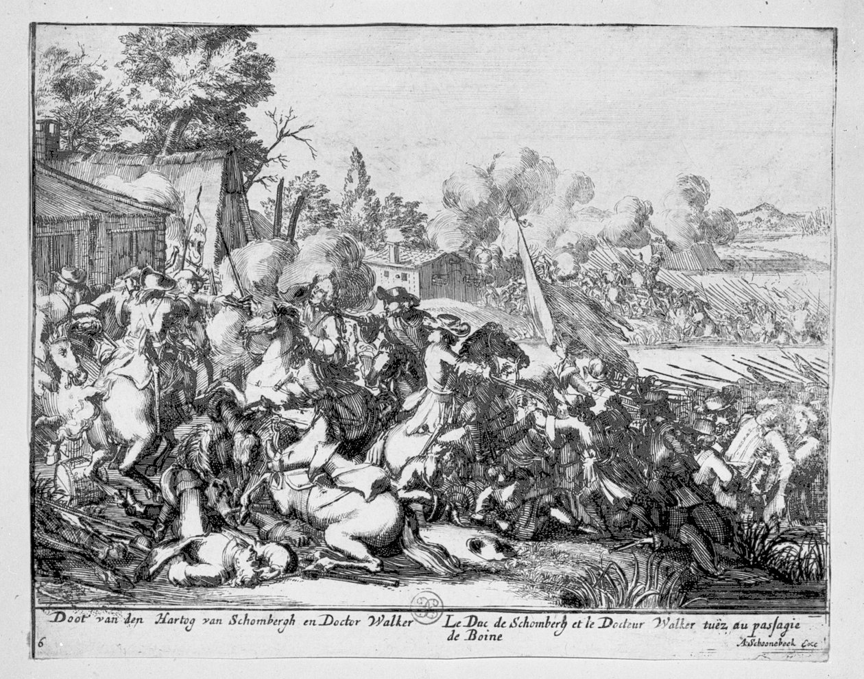 Duc de Schomberg och doktor Walker dödas i slaget vid Boyne, 1690. av Adriaan Schoonebeek