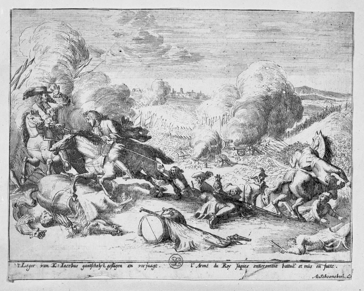 Kung Jamess trupper besegras i slaget vid Boyne och flyr, 1690. av Adriaan Schoonebeek