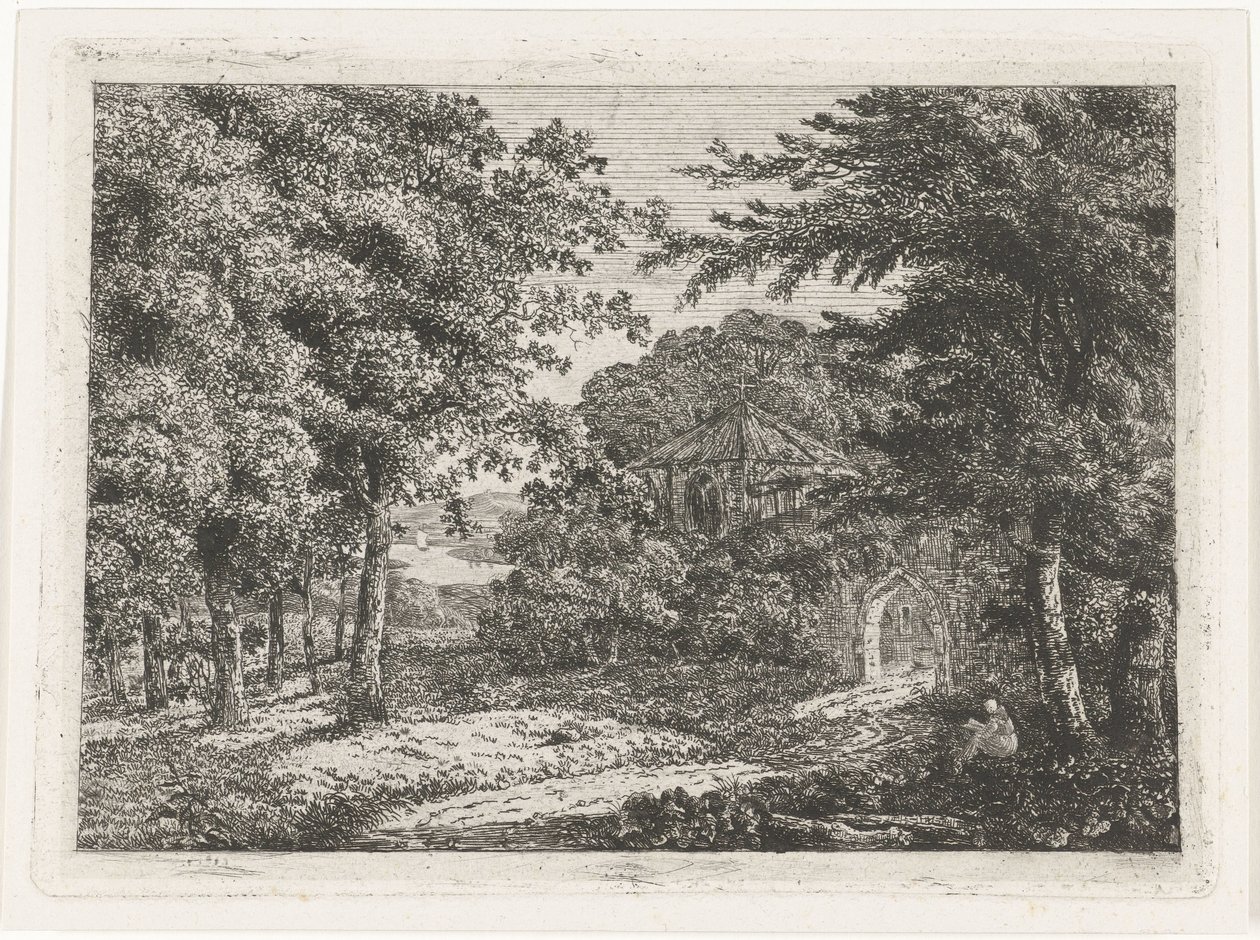 Landskap med kapell bland träd och munkläsning av Adriaan Jacob Willem van Dielen