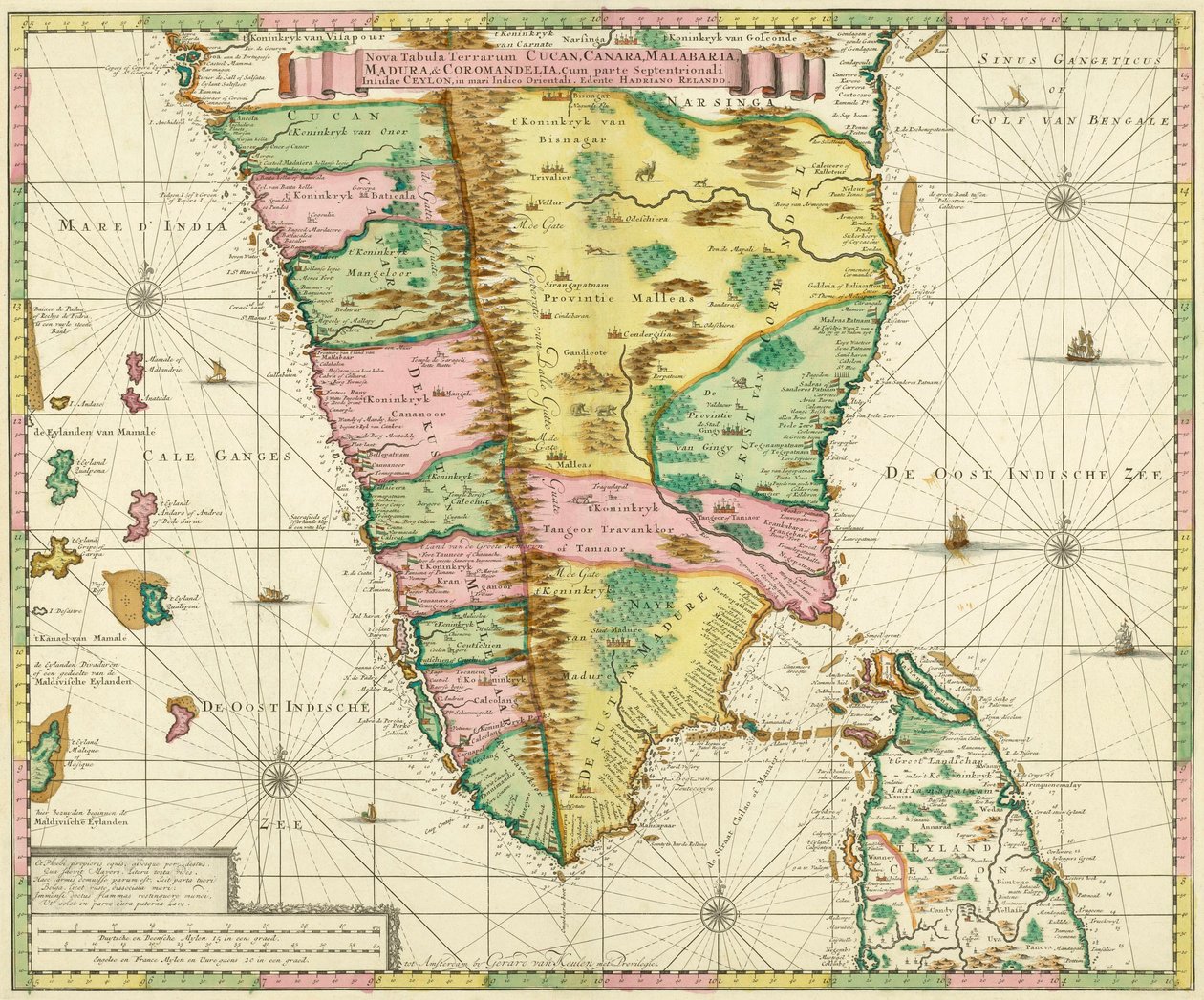 Karta över södra Indien och Ceylon, efter ett verk som gjordes cirka 1720 av den holländska kartografen Adriaan Reland av Adriaan Reland