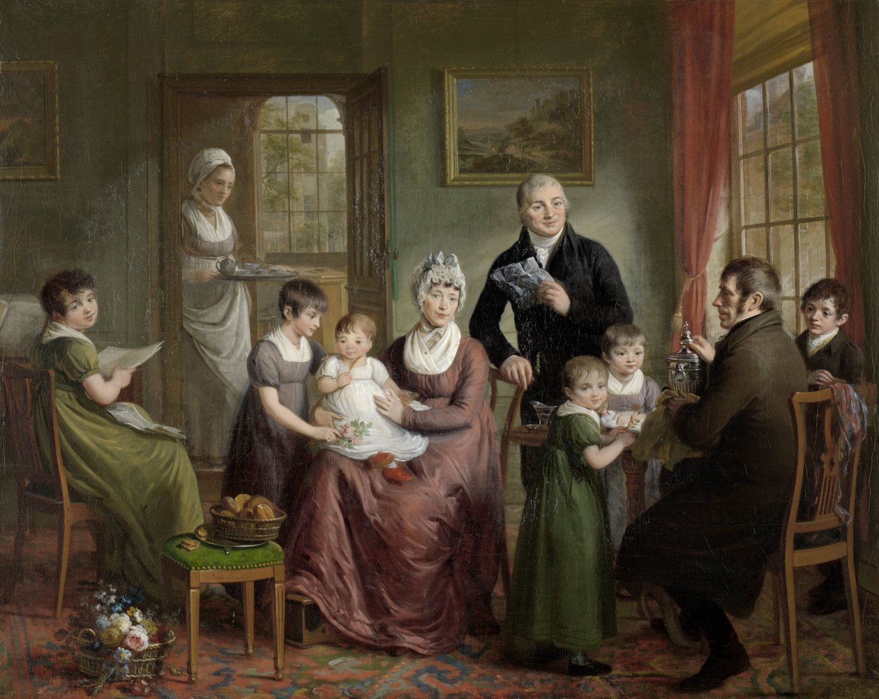 Porträtt av familjen Adrianus Bonebakker med Dirk L. Bennewitz Porträtt av familjen Adrianus Bonebakker och hans partner D.L. Bennewitz av Adriaan de Lelie (signed by artist)
