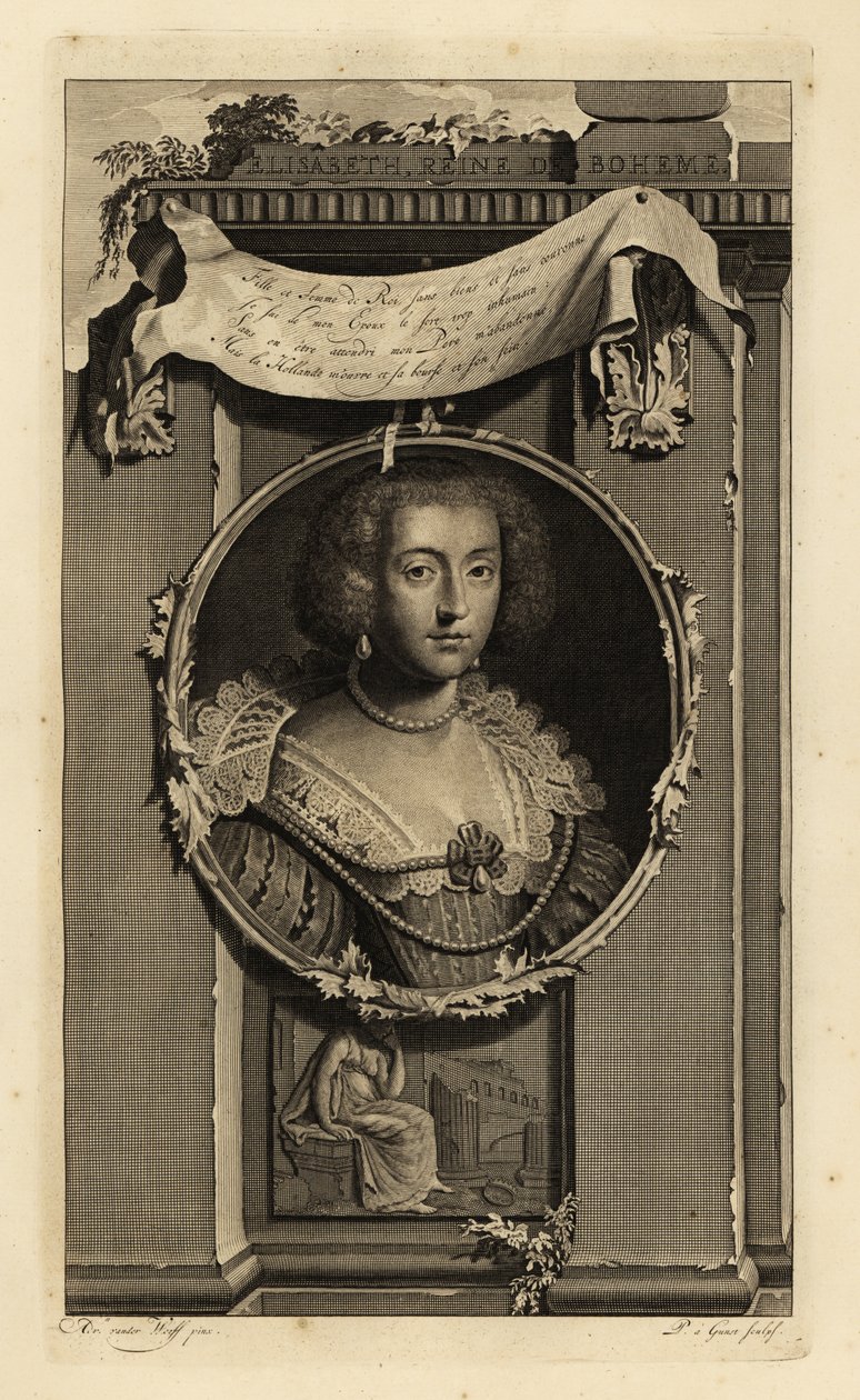 Elisabeth Stuart, drottning av Böhmen, kurfursten av Pfalz, hustru till Fredrik V, vinterkungen. Elisabeth, Reine de Boheme. I klänning med ganska skurna ärmar, spetskrage med pärlor. Vinjett av kvinna som funderar över en fallen krona. Koppargravyr av Adriaan van der (after) Werff